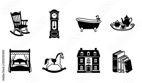 Vintage Home and Antique Furniture Icon Set with Retro Household Graphic Elements for Interior Layout Web Project Designs