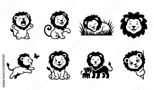 Cute Baby Lion Cartoon Character Icon Set with Playful Cub Graphic Elements for Children Book Illustration Project Designs