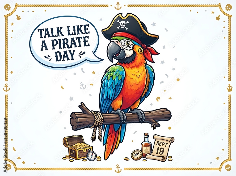 Naklejka premium Talk like a pirate day design with a colorful parrot wearing a pirate hat, perched on a branch with treasure and a rum bottle isolated on white background