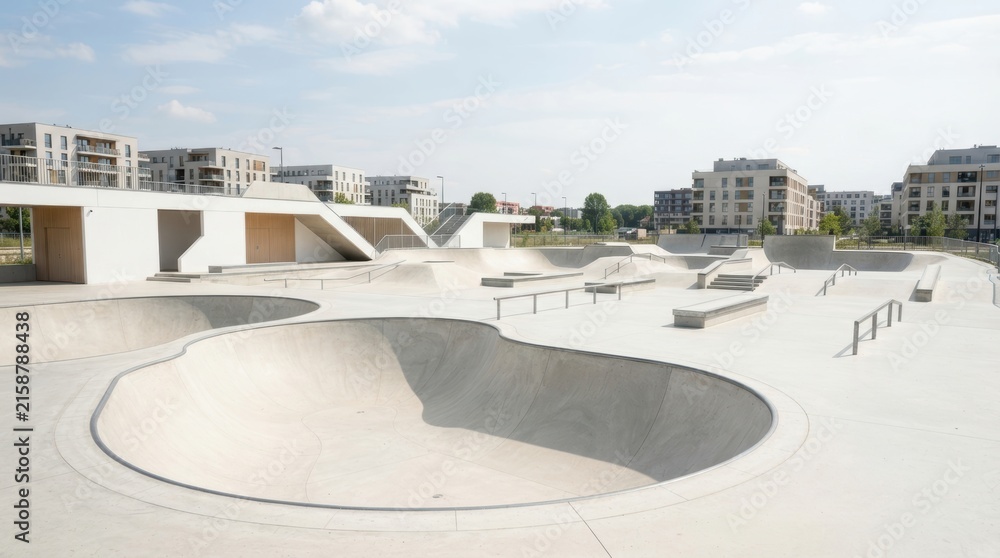 Fototapeta premium Modern concrete skatepark with urban residential buildings in the background