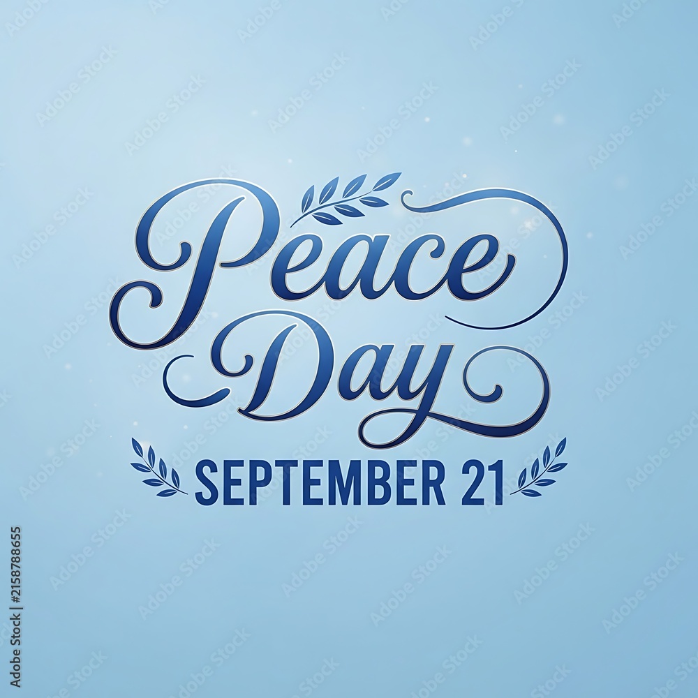 Fototapeta premium International day of peace typography design with elegant blue script lettering, decorative olive branches, and september 21 date on a soft blue background