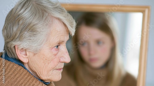 Sad and regret: a younger version of you is looking at you, old, senior person now