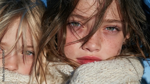 Young girls with blonde hair and freckles lean closely together outdoors while the gentle breeze blows through their strands under the bright sunlight.