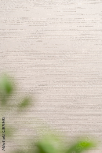 Decorative Plaster Wall Texture with Horizontal Stripes and Blurred Green Plant - Background Template
