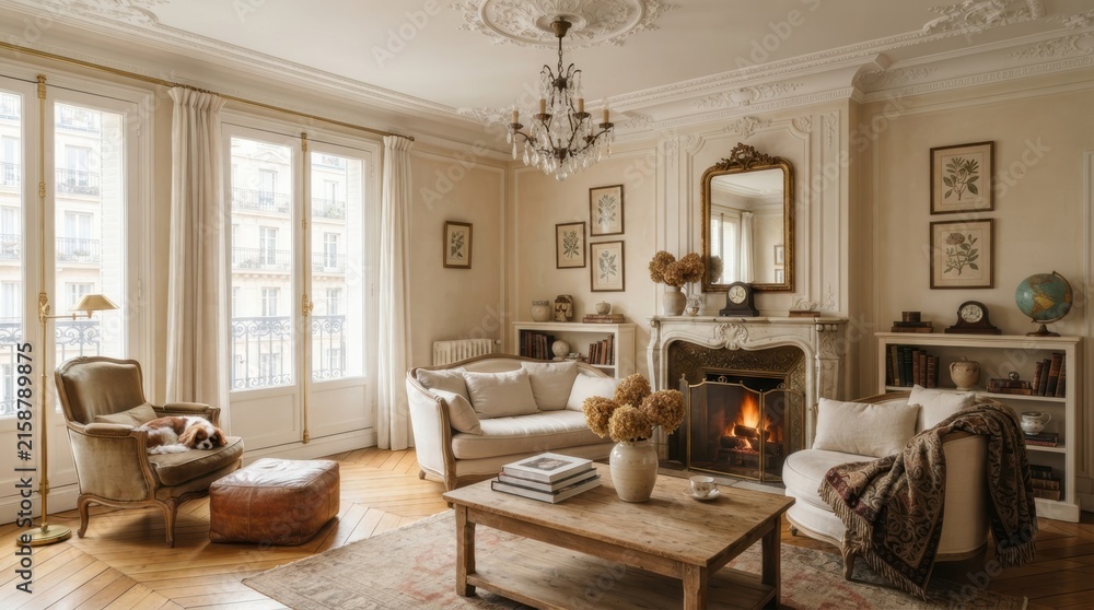 Fototapeta premium Cozy Parisian living room with a sleeping dog by the window