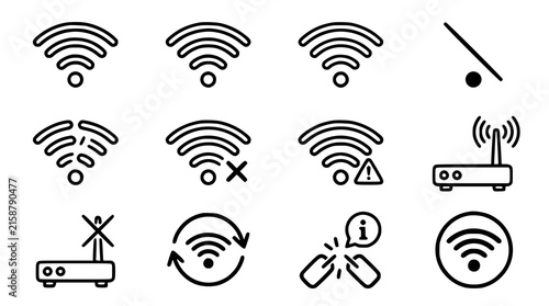 WiFi Connection Status Signal Strength Lost Network Router Error Black White Vector Icon Set