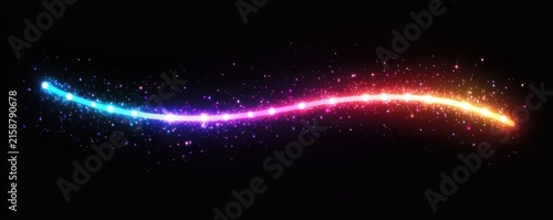 Curved multicolored glowing light trail with sparkling particles on a black background, energetic and magical