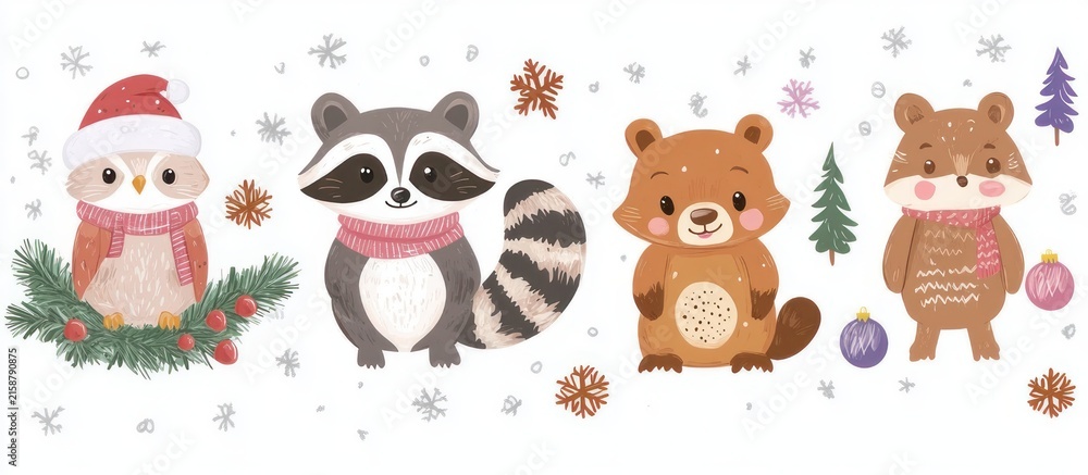 Fototapeta premium cheerful winter forest animals: owl in a santa hat on a pine branch, raccoon in a pink scarf, smiling bear cub and chipmunk with ornaments and small trees amid falling snowflakes