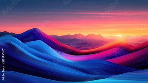 glowing sunrise over ribbon-like layered mountains in vivid blue, purple and pink hues, serene dreamy atmosphere