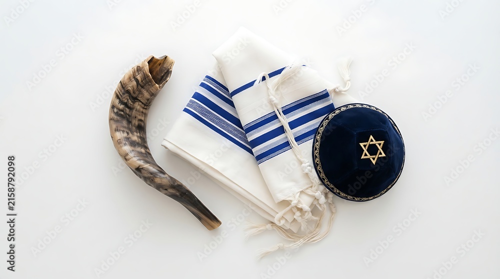 Naklejka premium Shofar, tallit, and kippah isolated on white background