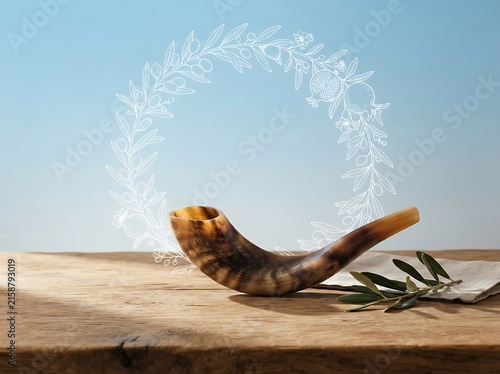 Shofar horn on a rustic wooden table with an olive branch and a decorative wreath illustration, symbolizing jewish new year rosh hashanah traditions