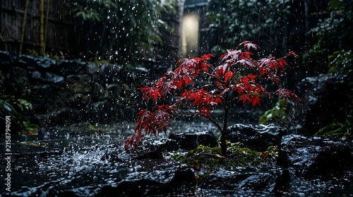 Red maple leaves falling in a dark rainy forest