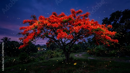 Bright red flamboyant tree blooming in the dark night sky