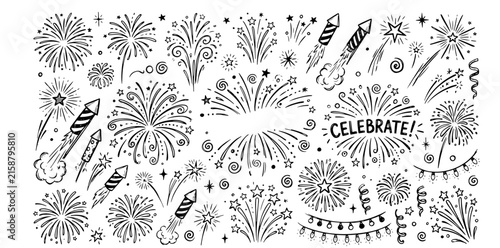 Hand Drawn Celebration Fireworks and Party Doodle Illustration Set