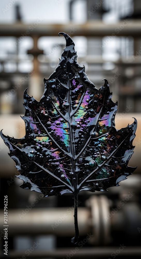 Obraz premium Abstract Autumn Leaf Coated in Iridescent Oil Slick Reflecting Industrial Pipes, Symbolizing Pollution and Nature's Struggle