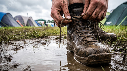 Person tying laces on muddy hiking boots at rainy campsite.