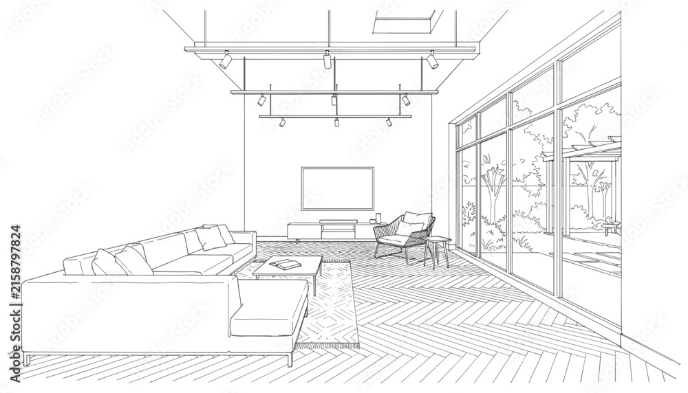 Fototapeta premium Modern living room interior design sketch featuring sectional sofa entertainment media console track lighting and large windows