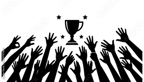 фотографія Many hands reaching up towards winner champion trophy cup surrounded by decorati