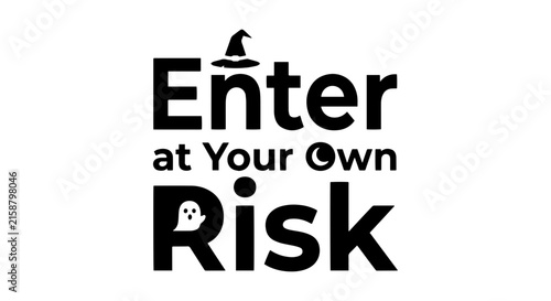 Quadro su tela Enter at Your Own Risk Halloween Text, Ghost and Witch Hat Icons, Spooky Warning