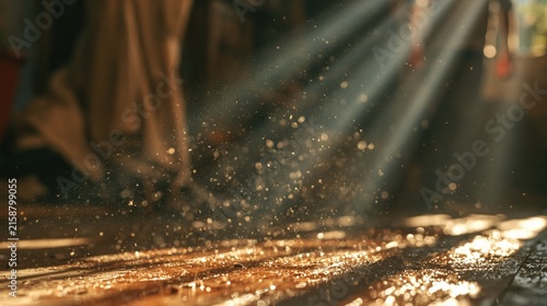 Light beams illuminate floating dust motes inside a dark room with wooden planks.
