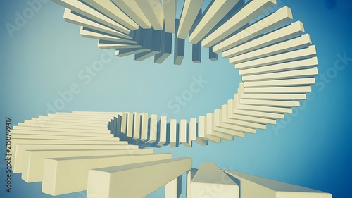 Abstract architectural featuring a spiral staircase structure with white steps against a solid blue background, for modern interior concepts