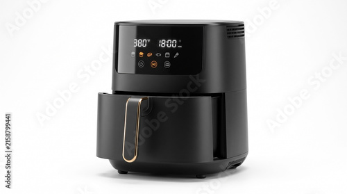 A modern black digital air fryer centered against a clean pure white background.