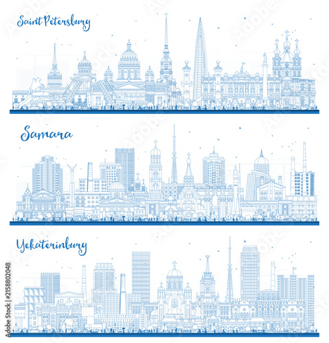 Quadro su tela Outline Yekaterinburg, Samara, Saint Petersburg Russia city skyline set with blue buildings