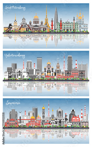 Foto Yekaterinburg, Samara and Saint Petersburg Russia city skyline set with color buildings, blue sky and reflections