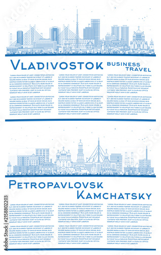 Foto Outline Petropavlovsk-Kamchatsky and Vladivostok Russia city skyline set with blue buildings and copy space