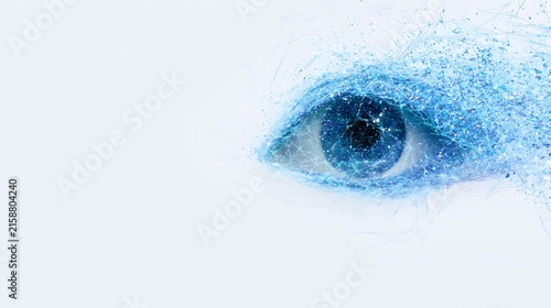 Conceptual close up of glowing digital eye dissolving into particles