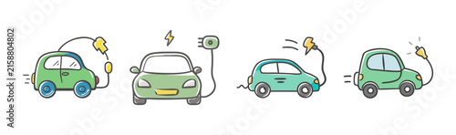 Electric Car Charging Icons, Green Vehicle Powering Up, Eco-Friendly Transport Concept, Simple Vector Set