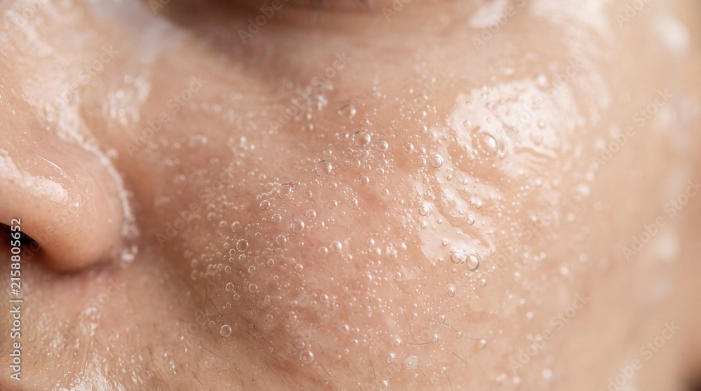 Fototapeta premium Extreme close up of human skin texture with visible pores and sweat droplets, showing ad social media download thambnail poster web template event festival 2026 2027 2028