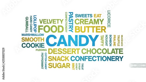 Candy animated word cloud-animation tag kinetic typography seamless loop.