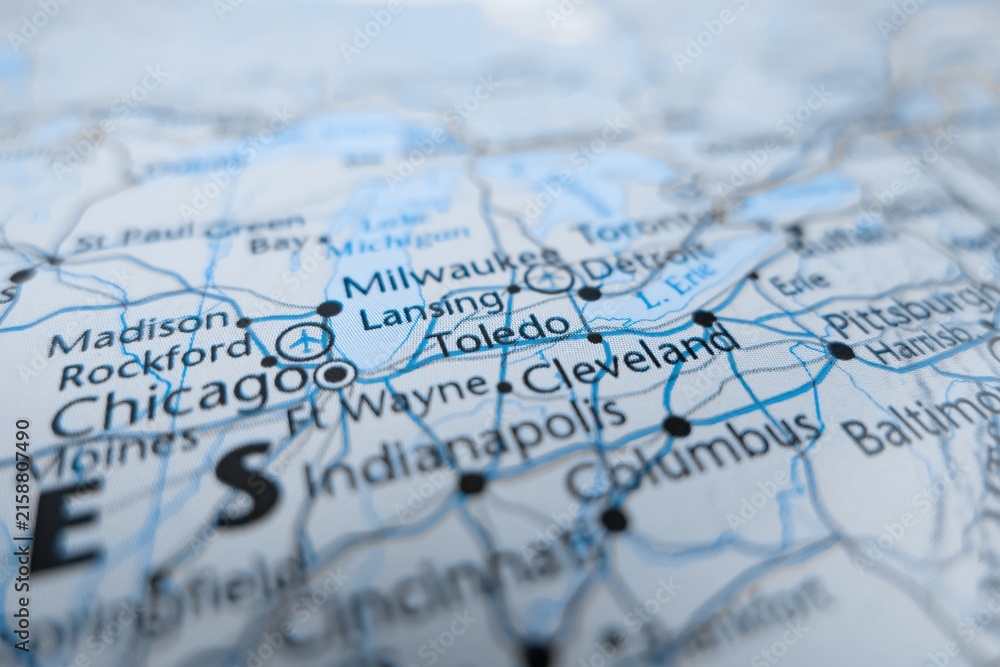 Naklejka premium Map of Toledo styled in grey color. Selective focus on label, close-up view