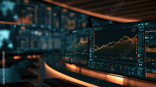 Financial chart trading screen market data interest rate hikes stock graph computer monitor office desk digital dashboard