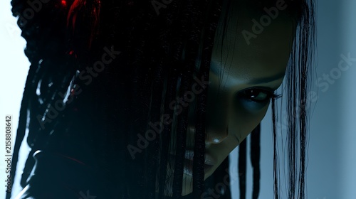 7. A cinematic portrait of an elite assassin with prehensile synthetic hair made of thin, nerve-ending fiber optic cables that twitch and glow with faint red neural activity. High-contrast side 