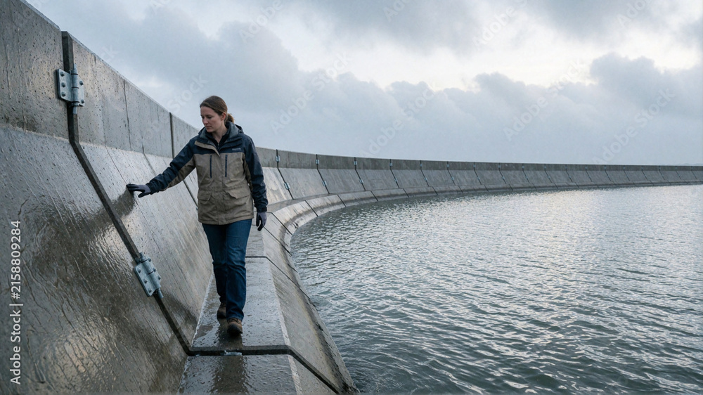 Naklejka premium Woman walking along a curved concrete sea wall or dam on a cloudy day