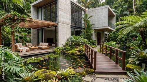 Modern tropical house with pond and bridge