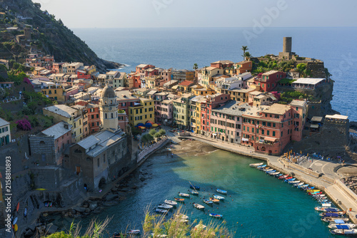 Early Morning Light on Sunlit Colorful Houses in Vernazza, Cinque Terre