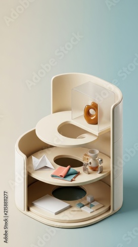 Colorful modern storage unit showcasing learning materials and decorative items
