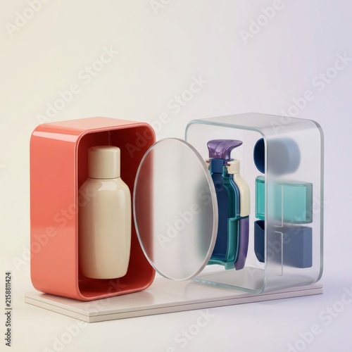 Colorful cosmetic containers including lotion and spray bottles on a light surface