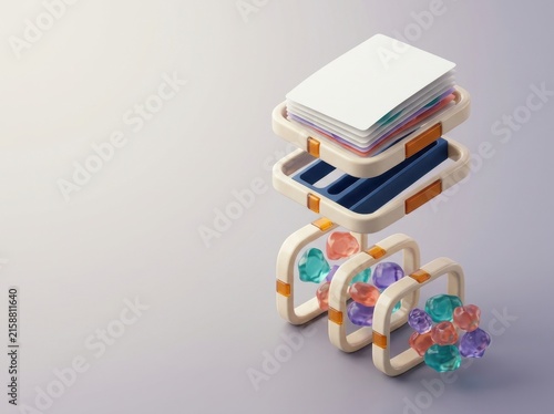 3D illustration of an abstract educational concept with papers and geometric shapes