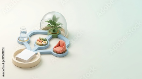Minimalistic workspace setup with plant and snacks promoting relaxation and learning