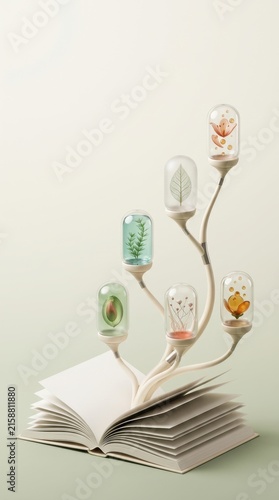 Open book with branches displaying plants in glass containers symbolizing growth