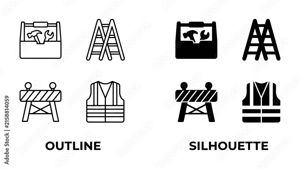 Fototapeta premium Construction Icons Set: A collection of line art and silhouette icons representing construction tools, safety gear, and road barriers, symbolizing industry and labor.