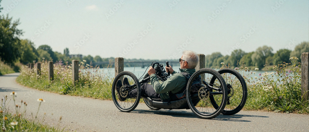Fototapeta premium Active Senior Man Riding a Recumbent Tricycle on a Scenic Riverside Path