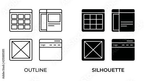Foto Web Design Layouts: A collection of four UI/UX wireframe templates, two in outline style and two in silhouette, representing different web page structures and content arrangements