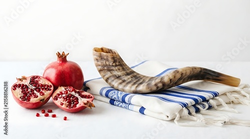 A shofar horn and pomegranates on a tallit prayer shawl, traditional symbols for rosh hashanah, the jewish new year, isolated on white background