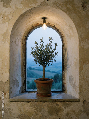 Olive tree in terracotta pot on rustic arched window sill with landscape view