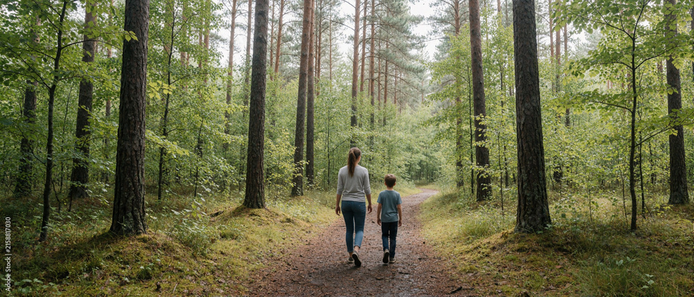 Fototapeta premium Mother and son walking on a forest path in summer